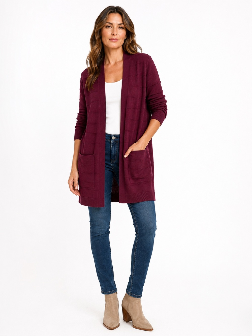 Melissa Paige Burgundy Open Front Long Cardigan Medium NWT Pockets